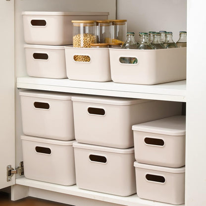 Yishyfier Plastic Storage Baskets - Lidded Organizing Containers for Shelves & Drawers | 4 Medium + 2 Small, Light Grey
