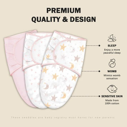 Cute Castle 3-Pack Baby Swaddle Sleep Sacks - Newborn Swaddle Sack - Ergonomic Baby Swaddles Blanket Warp for Boys and Girls - Baby Essentials (0-3 Months - Pink, Moon, Stars)