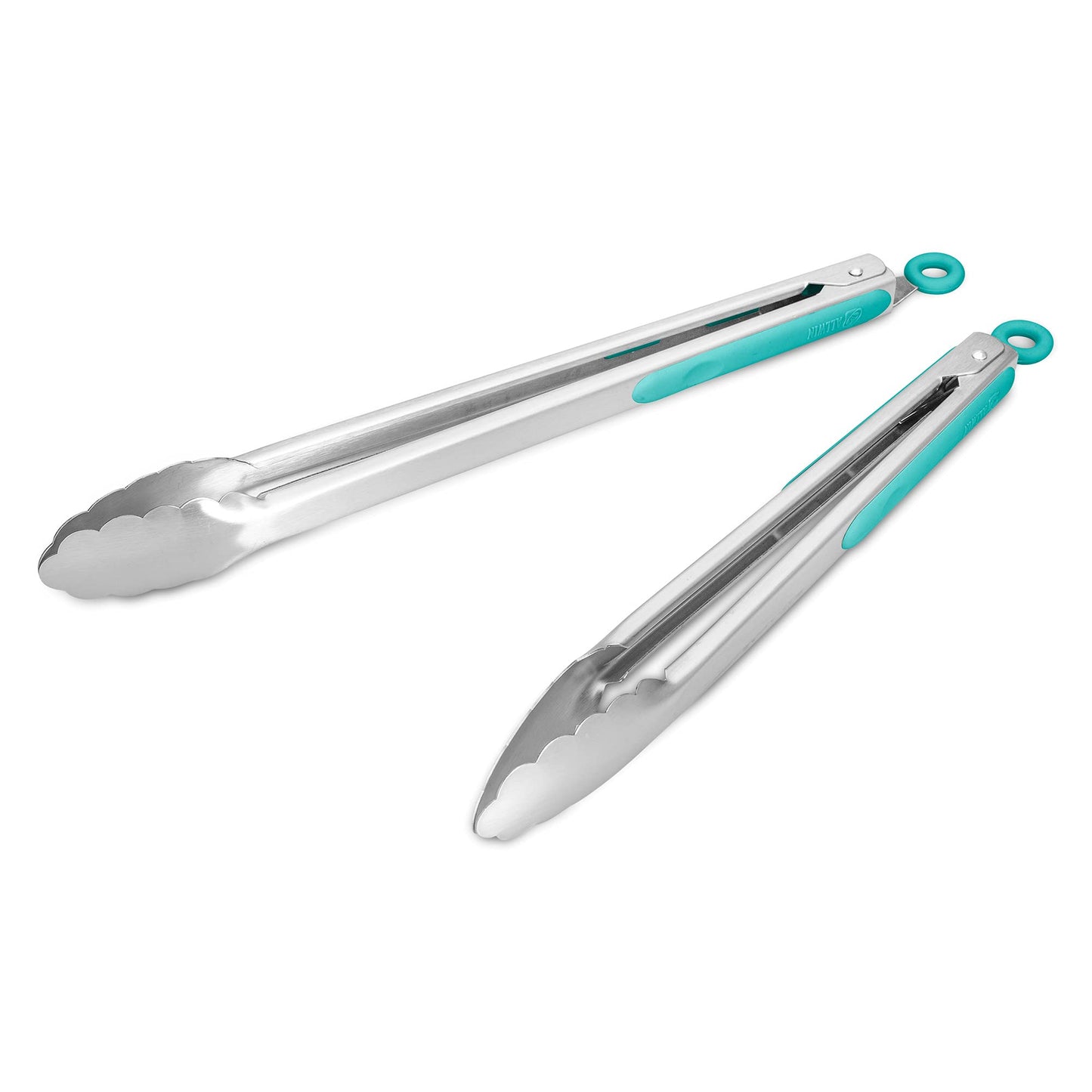 304 Stainless Steel Kitchen Cooking Tongs, 12" and 14" Set of 2 Sturdy Grilling Barbeque Brushed Locking Food Tongs with Ergonomic Grip, Aqua Sky