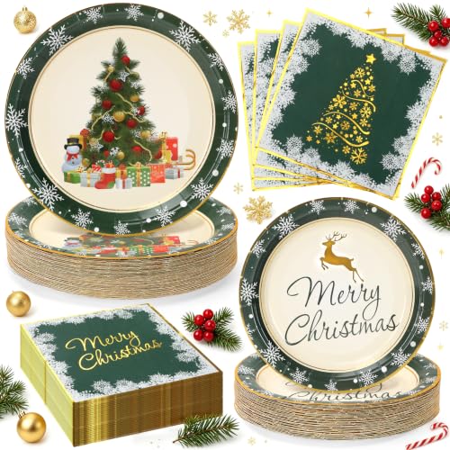 Christmas Paper Plates and Napkins Set - Green Holiday Tableware for 50 Guests