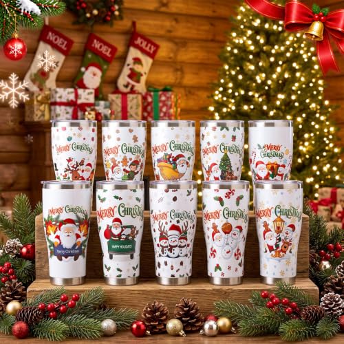 Christmas Tumblers 10 Pack - 30 oz Stainless Steel Insulated Travel Cups - Vivid Variation