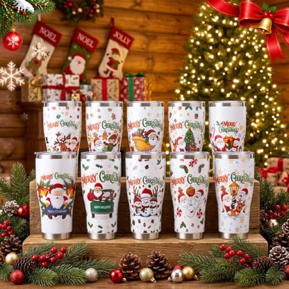 Christmas Tumblers 10 Pack - 30 oz Stainless Steel Insulated Travel Cups - Vivid Variation