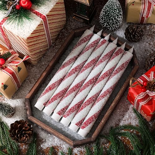 Christmas Flickering Flameless Candy Cane Taper Candles - 6PCS Red & White Stripes, Real Wax, Battery Operated - Variation: Candy Cane-02