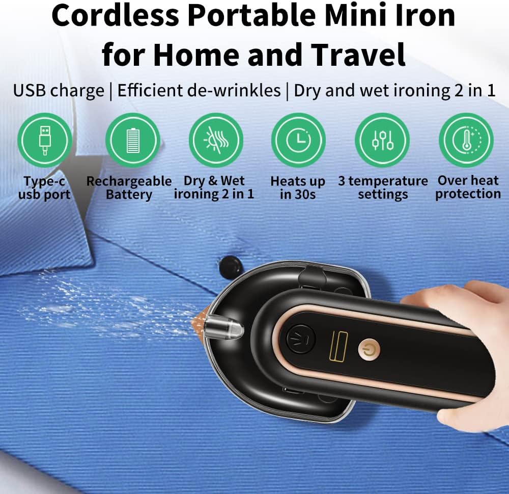 Skiennix Cordless Mini Iron - Portable Travel Steam Iron with 3 Temperature Settings | USB Rechargeable, Black