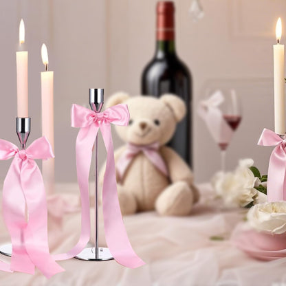 Skiennix 16-Piece Pink Candlestick Bow Set - Elegant 13-Inch Ribbon Bows for Weddings & Home Decor