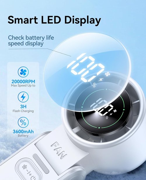 KIMMOO Portable Handheld Turbo Fan | 3-in-1 Design, 100 Speeds, 20000 RPM, 12Hrs Cooling, USB Rechargeable - White