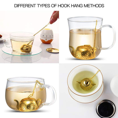 MEICHU Loose Leaf Tea Infuser Ball Set of 4 Stainless Steel Tea Strainer with Chain and Drip Trays, Tea Filter for Mug and Cup (Gold)