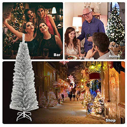 Artificial Pencil Christmas Tree, Electroplated Premium Slim Tree, Xmas Decor for Indoor and Outdoor, Suitable for Office, Store and Home (Silver, 6FT)