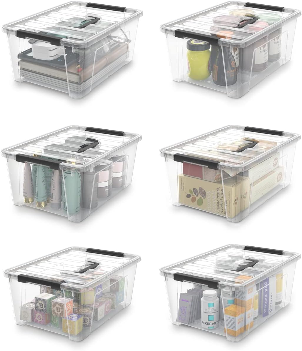 WYT Clear Storage Latch Bins - 6-Pack Organizer Box with Handles and Lids | 5-Litre Capacity