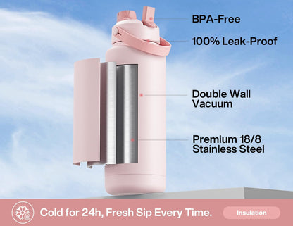 POWCAN 40 oz Insulated Water Bottle - 2-in-1 Straw & Spout Lid | Keeps Drinks Cold 24H, Leak-Proof, BPA-Free (Cotton Candy)