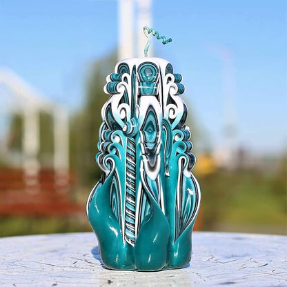 Hand Carved Green Candles 6.7'' | Decorative Teal & Black Layered Candle