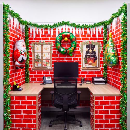 Red Brick Office Cubicle Christmas Decoration Set - 17 Pcs with Balloons & Wreath