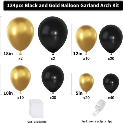 Black and Gold Balloons Garland Arch Kit - 134pcs Metallic Balloons for Graduation, New Year, Birthday Celebrations