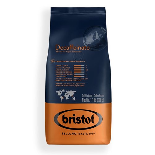 Bristot Decaf Italian Coffee Beans - Medium Roast Espresso with Smooth & Rich Flavor - 1.1 lb (500g) Bag