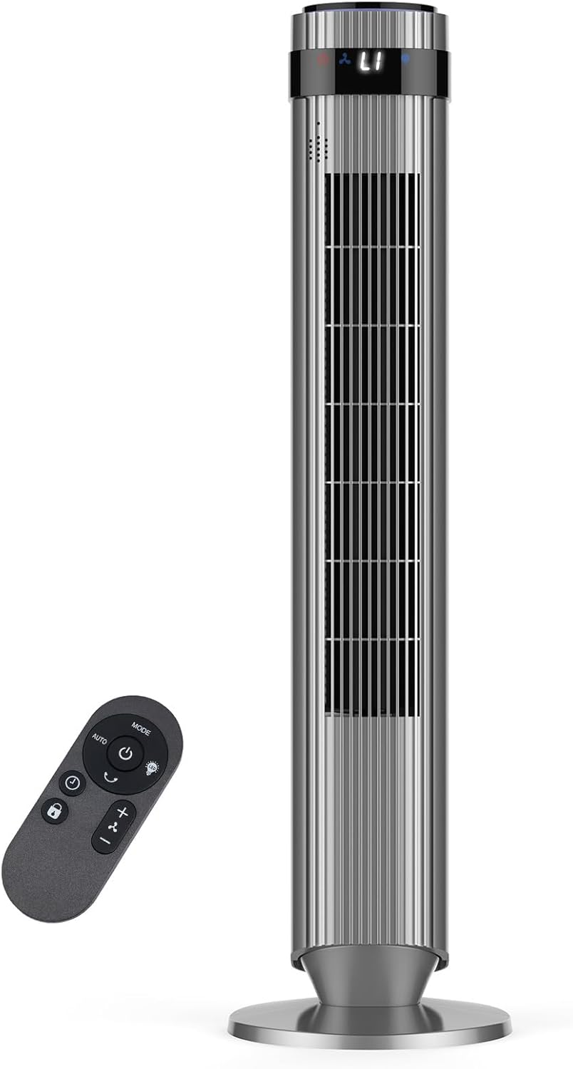 OLIXIS Tower Fan - Quiet 28dB Bladeless Oscillating Fan with Remote, 12H Timer, 5 Speeds | Grey