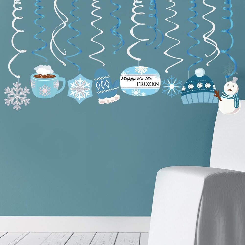 Skiennix Christmas Snowman & Snowflake Hanging Swirl Decorations - 30 Count for Festive Home & Office Decor