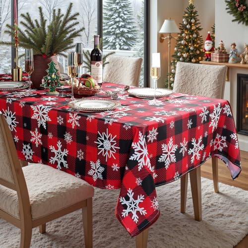 Christmas Tablecloth Rectangle 60x120 Inches Red Plaid Snowflake - Snowflake Black & Red Variation