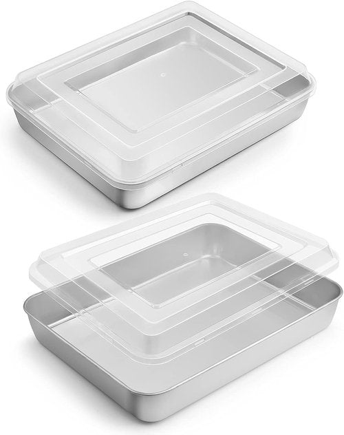 E-far Toaster Oven Baking Pan Set - Stainless Steel Rectangle Sheet Cake Pans with Lids | 10.4” x 8” x 2”