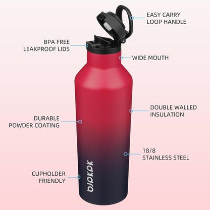BJPKPK Insulated Water Bottle - 25oz Stainless Steel With Straw & Carry Handle | Charming Black Red