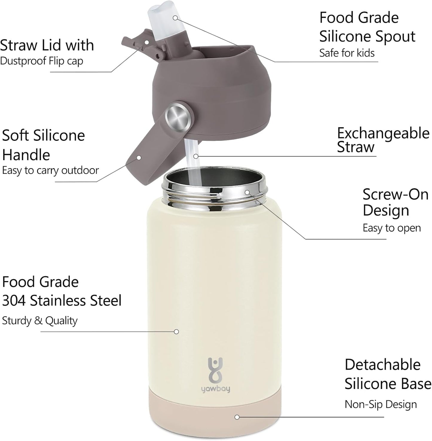 Skiennix Kids Insulated Water Bottle - 12oz Leak-Proof Design with Straw Lid & Silicone Handle | Beige