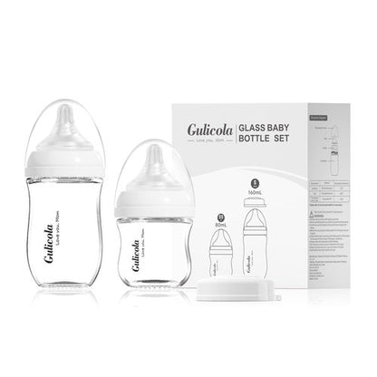 Gulicola Natural Glass Baby Bottle Newborn Set, 3 oz and 5 oz with Extra Slow Flow & Slow Flow Nipple, Anti Colic, 0-3 Months, 2 Pack - White