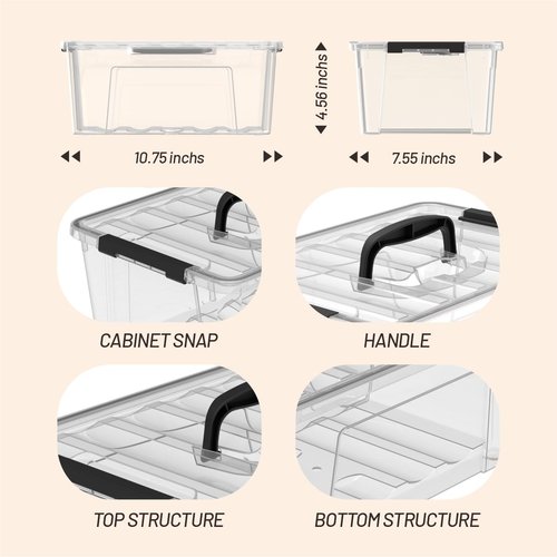 Clear 9-Pack Plastic Storage Bins - Stackable 6 Quart Containers with Lids & Latch Buckle