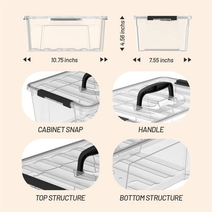 Clear 9-Pack Plastic Storage Bins - Stackable 6 Quart Containers with Lids & Latch Buckle