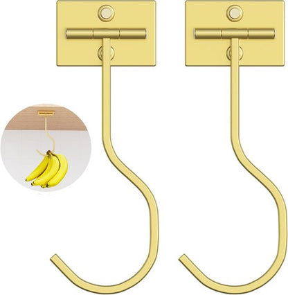 Bussdis Banana Hook - 2-Pack Foldable Metal Hanger | Space-Saving Under Cabinet Holder in Gold