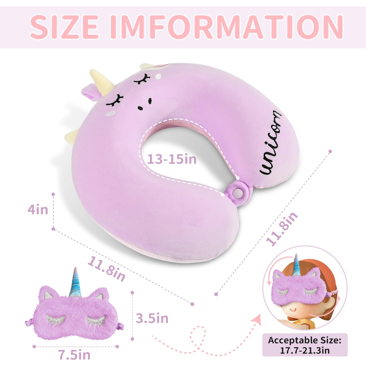 urnexttour Neck Travel Pillow for Kids, Unicorn Airplane Memory Foam Pillow with Cute Sleep Mask & Earplugs, Lightweight Travelling Sleeping Pillow Set for Car, Train, Bus and Home Use (Purple)