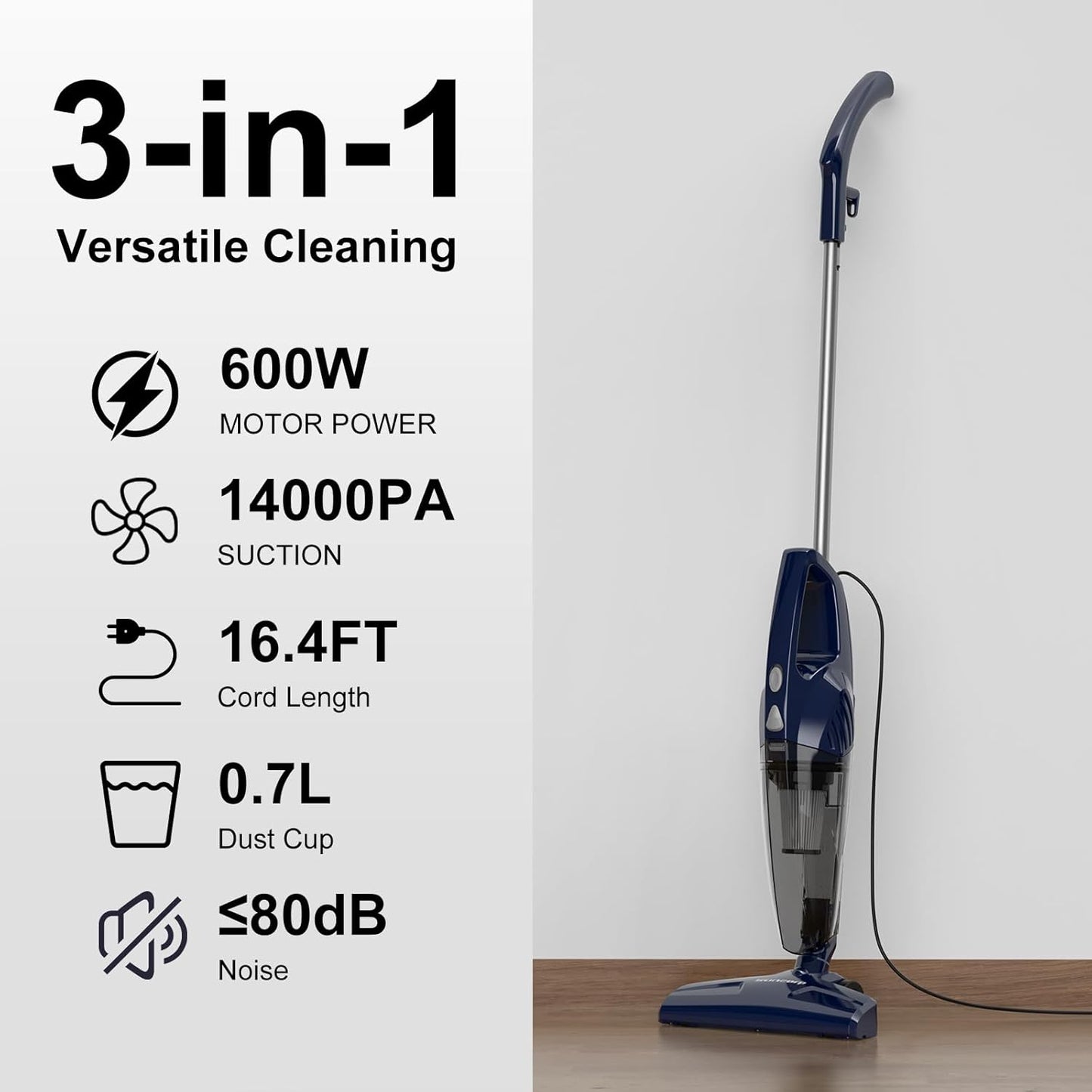 Skiennix Corded Stick Vacuum Cleaner - 3-in-1 Handheld Design with 180° Steering & 14KPA Suction for Pet Hair
