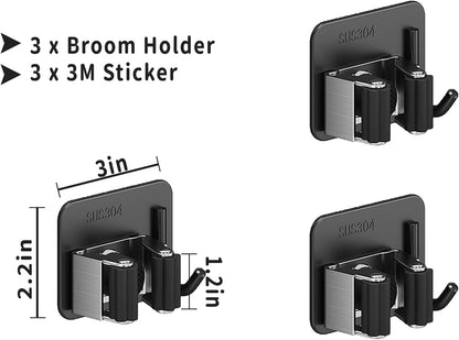 Skiennix Broom Holder Wall Mount - 3-Piece Mop and Garden Tool Organizer - Durable 304 Stainless Steel (Black)