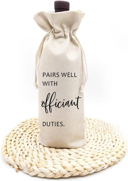 Socive Wedding Wine Bag, Officiant Wine Bag Gift, Officiant & Pastor Gifts, Burlap Drawstring Wine Bag