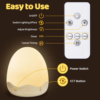 Skiennix Baby Night Light - 10 Brightness Levels & 10 Colors | Touch & Remote Control, 3600mAh Rechargeable, Ideal for Nursery & Breastfeeding