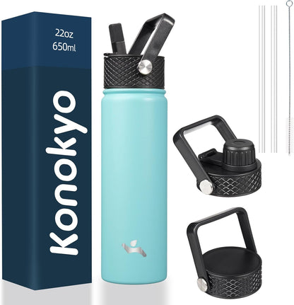 Skiennix 22oz Stainless Steel Water Bottle - Insulated with 3 Lids | Turquoise Color