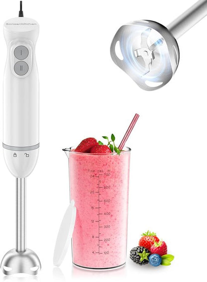Bonsenkitchen Immersion Blender - 2-Speed Handheld Stick Mixer with Beaker for Soups & Smoothies - White