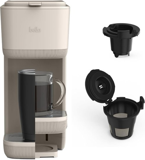 BELLA Single Serve Coffee Maker - K Cup & Ground Coffee Compatible | Adjustable Drip Tray, Auto Shutoff, Brews 6oz to 14oz