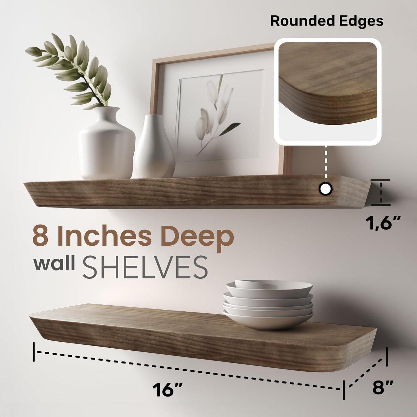 Wood Floating Shelves - 16 Inch Set of 2 | Stylish Bathroom & Bedroom Wall Storage - American Walnut Finish