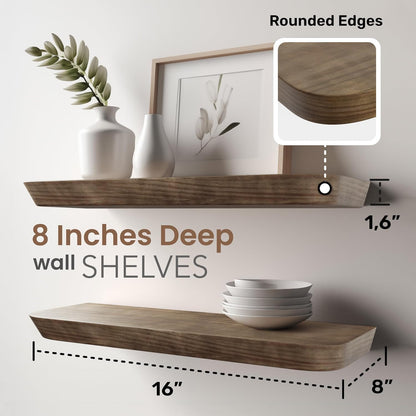 Wood Floating Shelves - 16 Inch Set of 2 | Stylish Bathroom & Bedroom Wall Storage - American Walnut Finish
