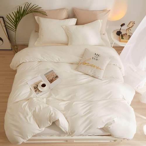 AMWAN Queen Size Duvet Cover Set - Soft Washed Microfiber in Cream White with Zipper Closure | 90”x90” + 2 Pillowcases