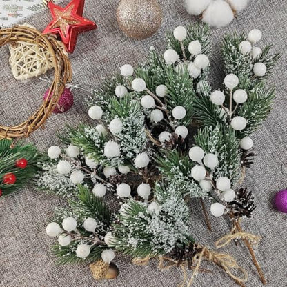 Artificial Christmas Pine Picks with Berries, Cones & Snow - 20pcs 8 Inch Decor