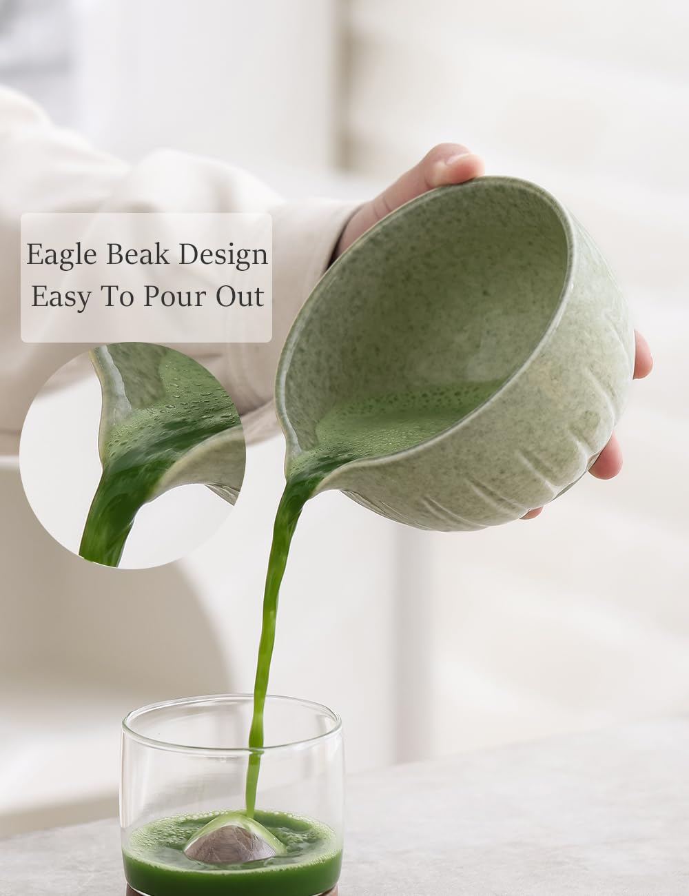 TANG PIN Matcha Set - Match Bowl with Spout and Whisk, 15 OZ, Matcha Scoop | Matcha Whisk Stand (Chasen Holder) - 4pc Perfect Matcha Kit for Matcha Tea Ceremony (Mottled Green)