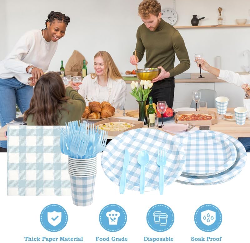 Skiennix 168Pcs Gingham Party Supplies - Disposable Dinner Set for 24 Guests | Blue Plates, Napkins & Cutlery
