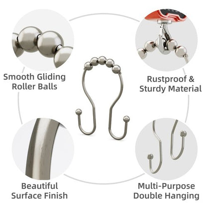 Shower Curtain Hooks Brushed Nickel Shower Curtain Rings Rust Proof, Bathway Balanced Smooth Glide Double Shower Curtain Hooks, Sturdy Shower Hooks for Shower Curtain 12 Pcs Shower Rod Hooks