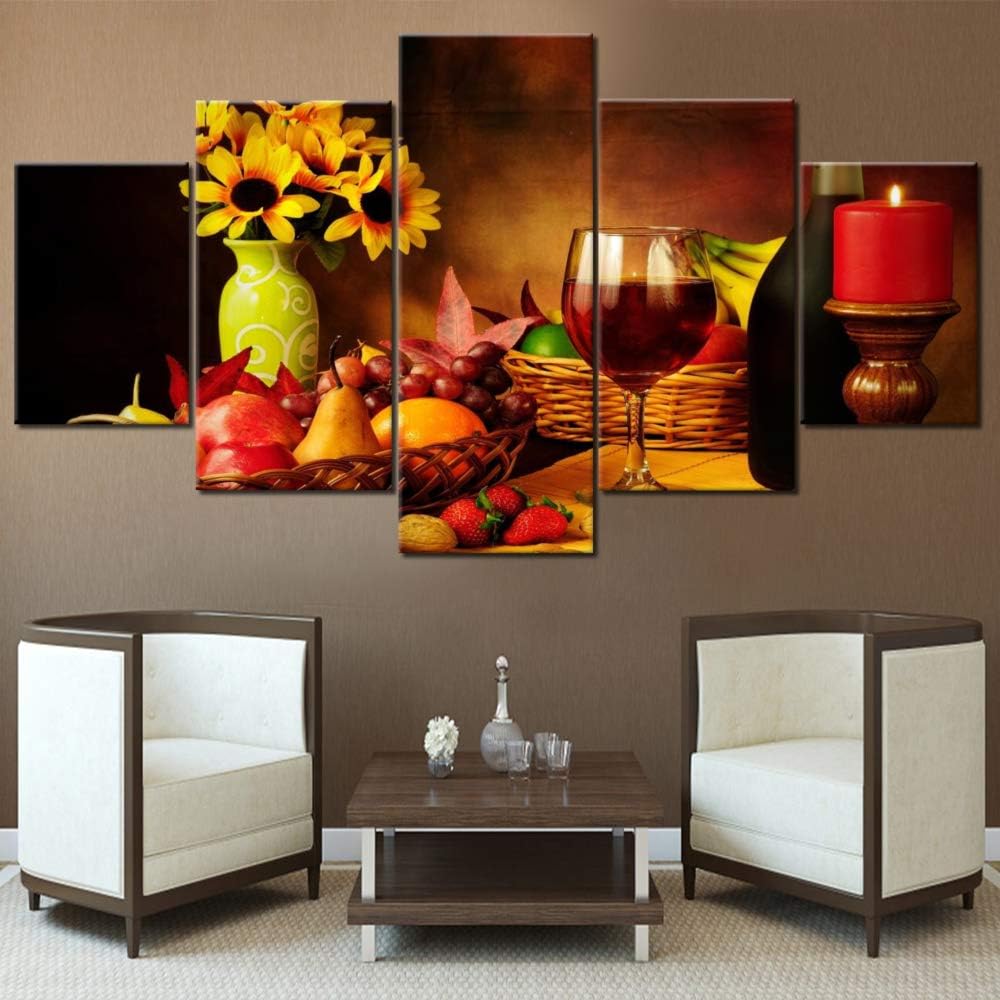 Red Wine Canvas Art | 5 Panel Colorful Fruit & Wine Wall Decor | Framed Gallery-Wrapped (60''Wx32''H)