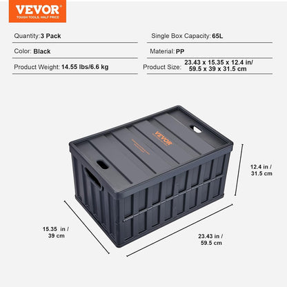 VEVOR 65L Collapsible Storage Bins - Stackable Utility Crates with Lids for Organizing Tools, Food & More
