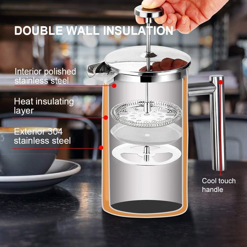 Secura French Press Coffee Maker - 304 Grade Stainless Steel Insulated Design | 34oz (1 Litre), Silver