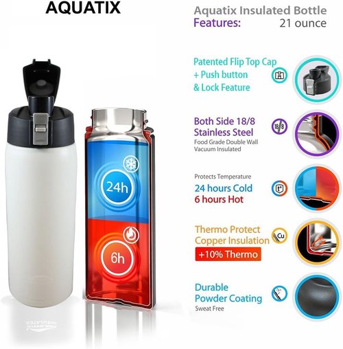 Aquatix Stainless Steel Sports Water Bottle - 21 Ounce, Arctic White, Double Wall Insulated | Keeps Drinks Cold 24H, Hot 6H