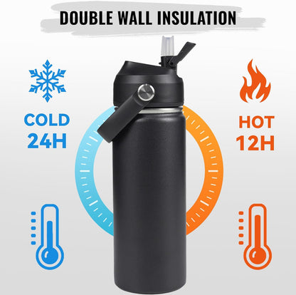 Skiennix 18oz Insulated Stainless Steel Water Bottle - Wide Mouth, Sweat & Leak Proof, BPA Free, Black