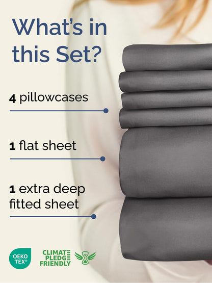 Skiennix Extra Deep Cal King Sheet Set - 6 Piece Breathable Cooling Bedding - Soft, Wrinkle-Free Grey