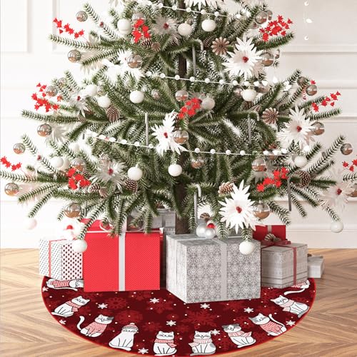 GAGEC Burgundy Christmas Tree Skirt 36 Inch for Indoor Outdoor Holiday Decor - Wine Red Cat Style